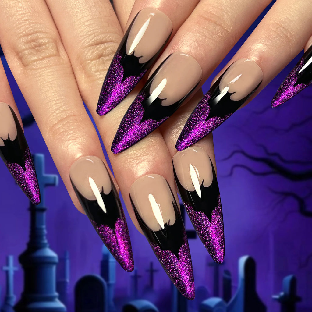 24Pcs Stiletto Shape Black Red Press on False Nails Extra Long Almond Head Cool Full Fake Nails Tips Gradient Manicure Tools