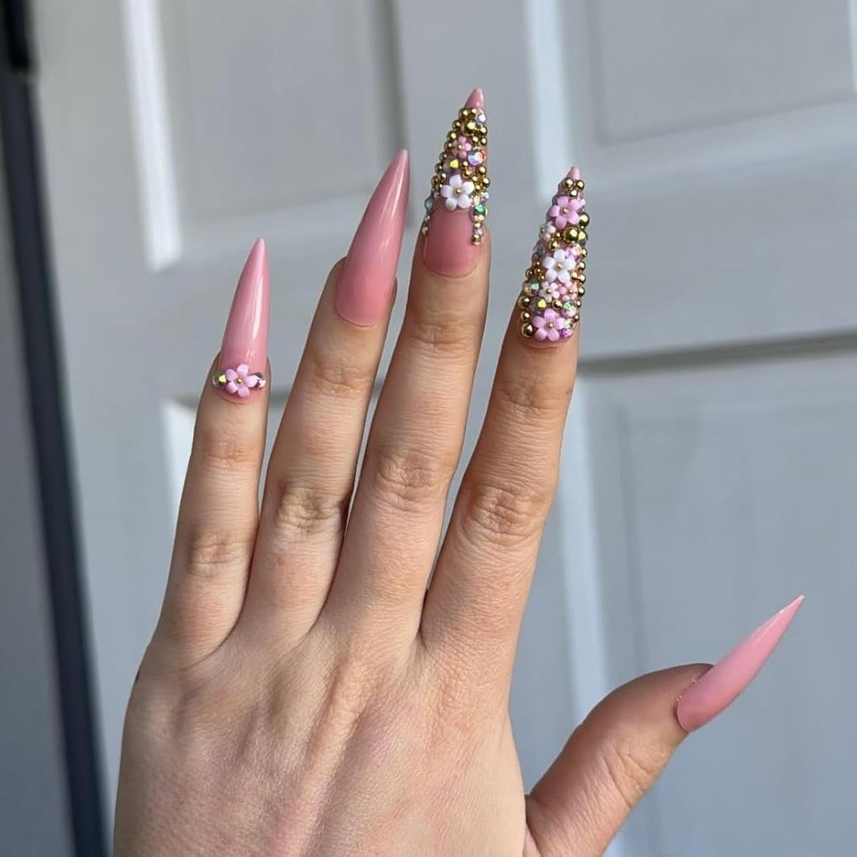 Long Press on Nails Stiletto Pink Fake Nails Rhinestone & Flower Designs Glossy Glue on Acrylic Nails Full Cover Luxury Bling Handmade Stick on False Nails for Women 24Pcs