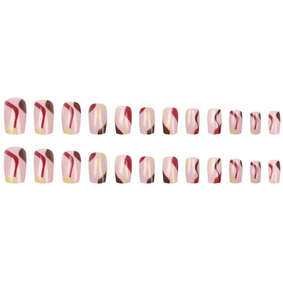 Short Medium fake nails for women girls Y2K gradient blue purple brown geometric strips full cover press on false nail art set