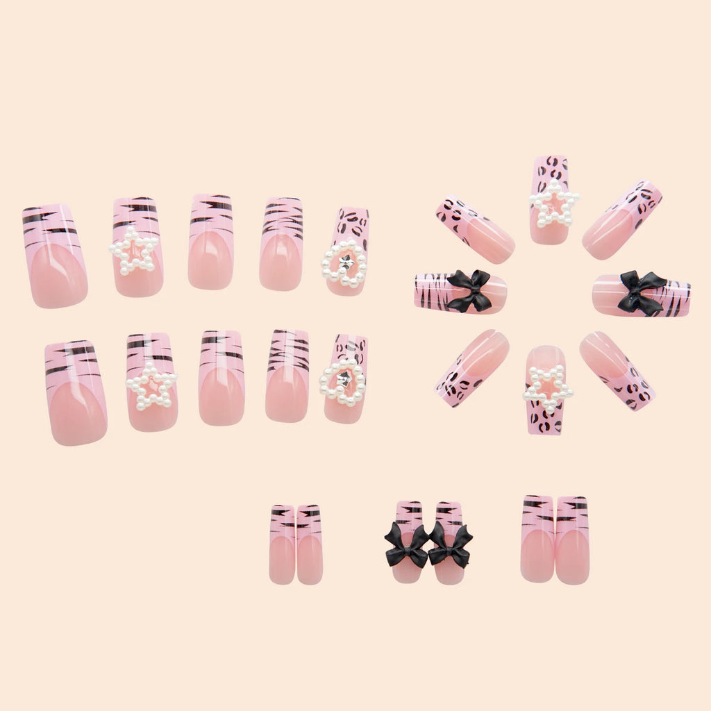 24Pcs Y2K Style Leopard Print Design Fake Nails with Black Bow, Heart, Star, and Rhinestone Designs, Suitable for Women for Dating, Daily Wear, Mother's Day Gift, Removable Press-On Nail Set with Jelly Glue and File
