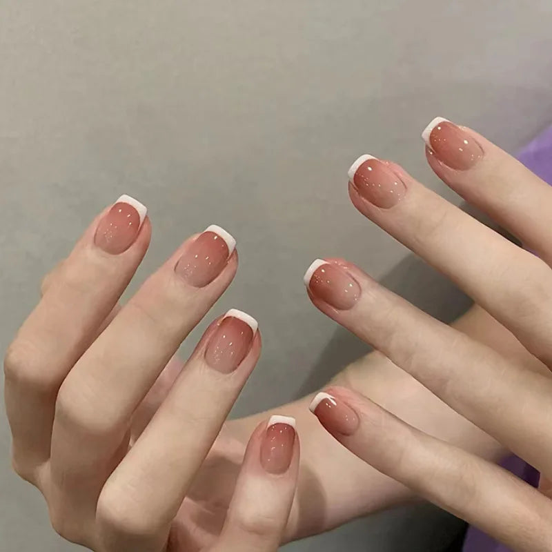 24Pcs Simple Ballet Glitter Detachable Nails with Pink Gradient French Square Press on Fake Nails Short Full Cover Nail Tips Art