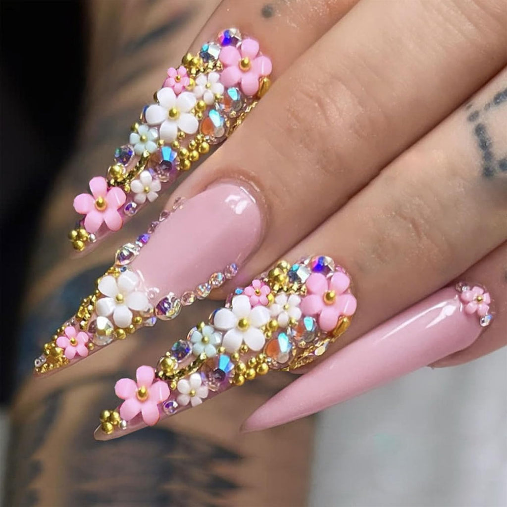 Long Press on Nails Stiletto Pink Fake Nails Rhinestone & Flower Designs Glossy Glue on Acrylic Nails Full Cover Luxury Bling Handmade Stick on False Nails for Women 24Pcs