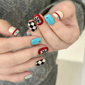 Short Medium fake nails for women girls Y2K gradient blue purple brown geometric strips full cover press on false nail art set