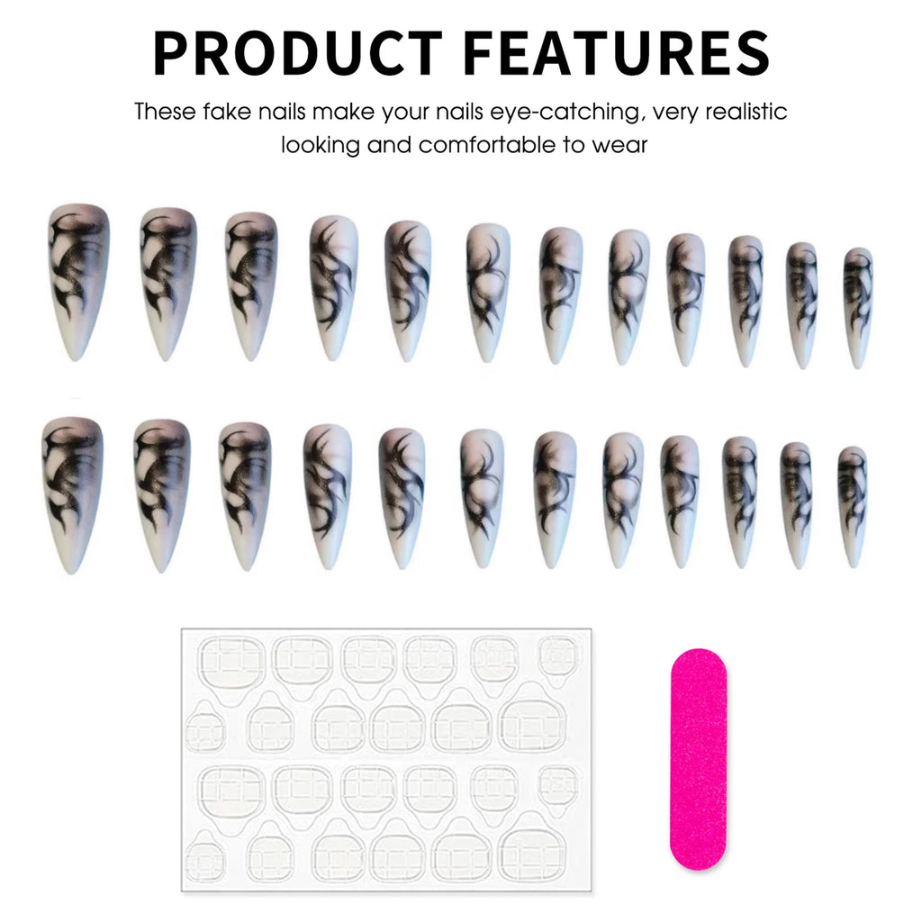 24pcs Punk Cool Long Pointed False Nails Black Thorns White Spikes Design Press on Nails European Spicy Girls Fake Nail Patches