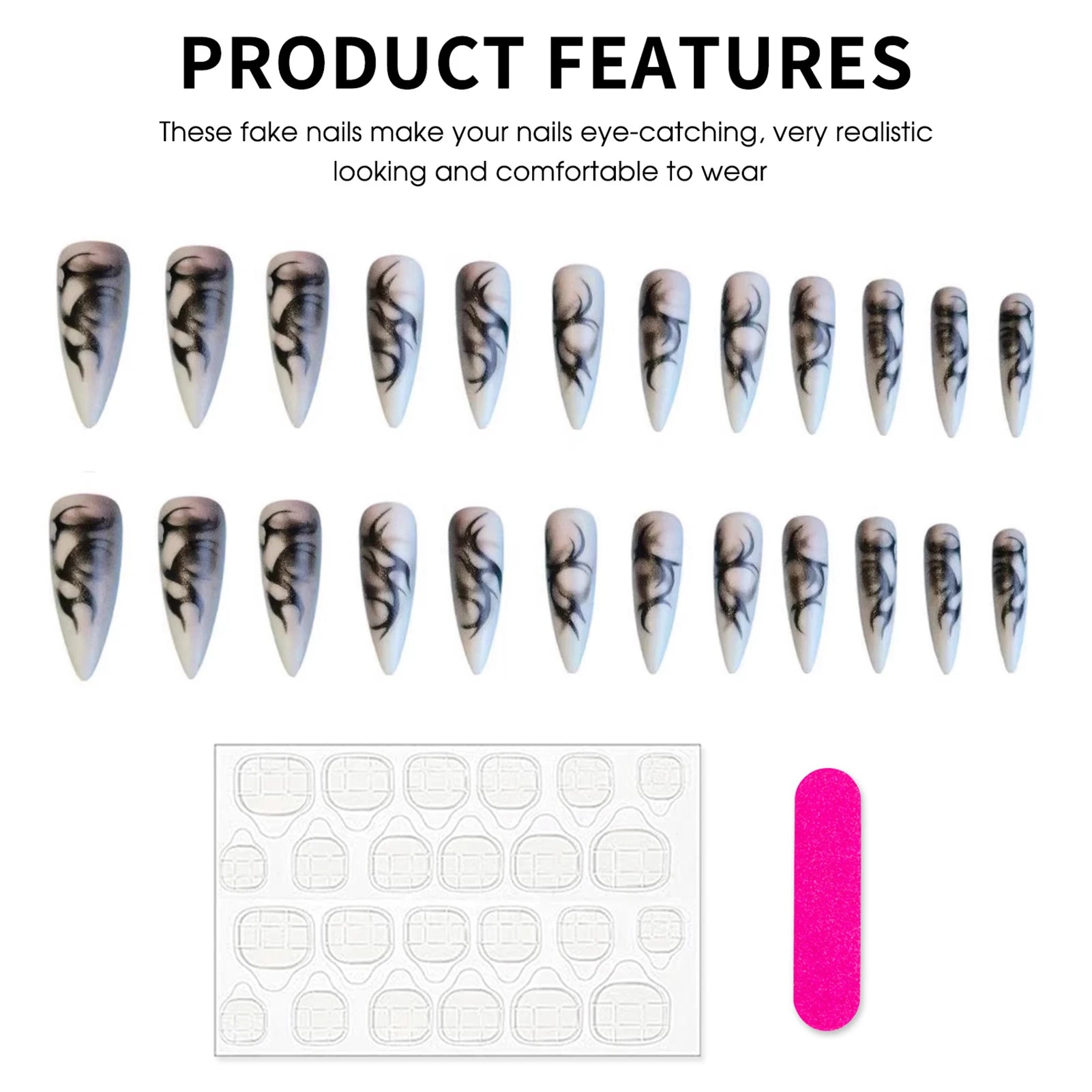 24pcs Punk Cool Long Pointed False Nails Black Thorns White Spikes Design Press on Nails European Spicy Girls Fake Nail Patches