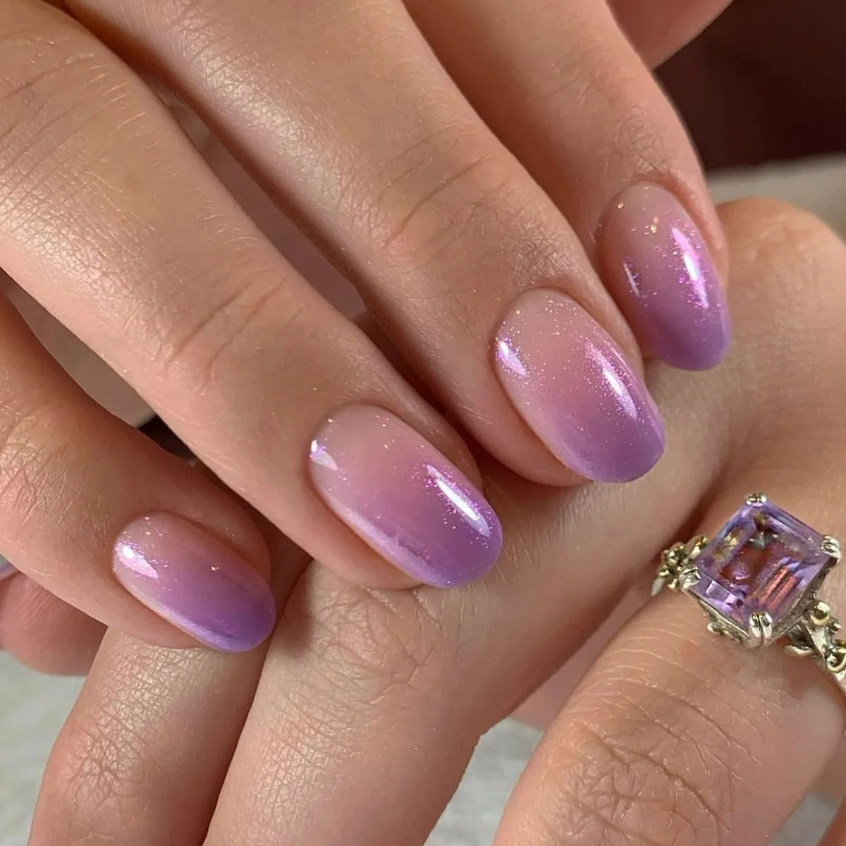 24Pcs Simple Ballet Glitter Detachable Nails with Pink Gradient French Square Press on Fake Nails Short Full Cover Nail Tips Art