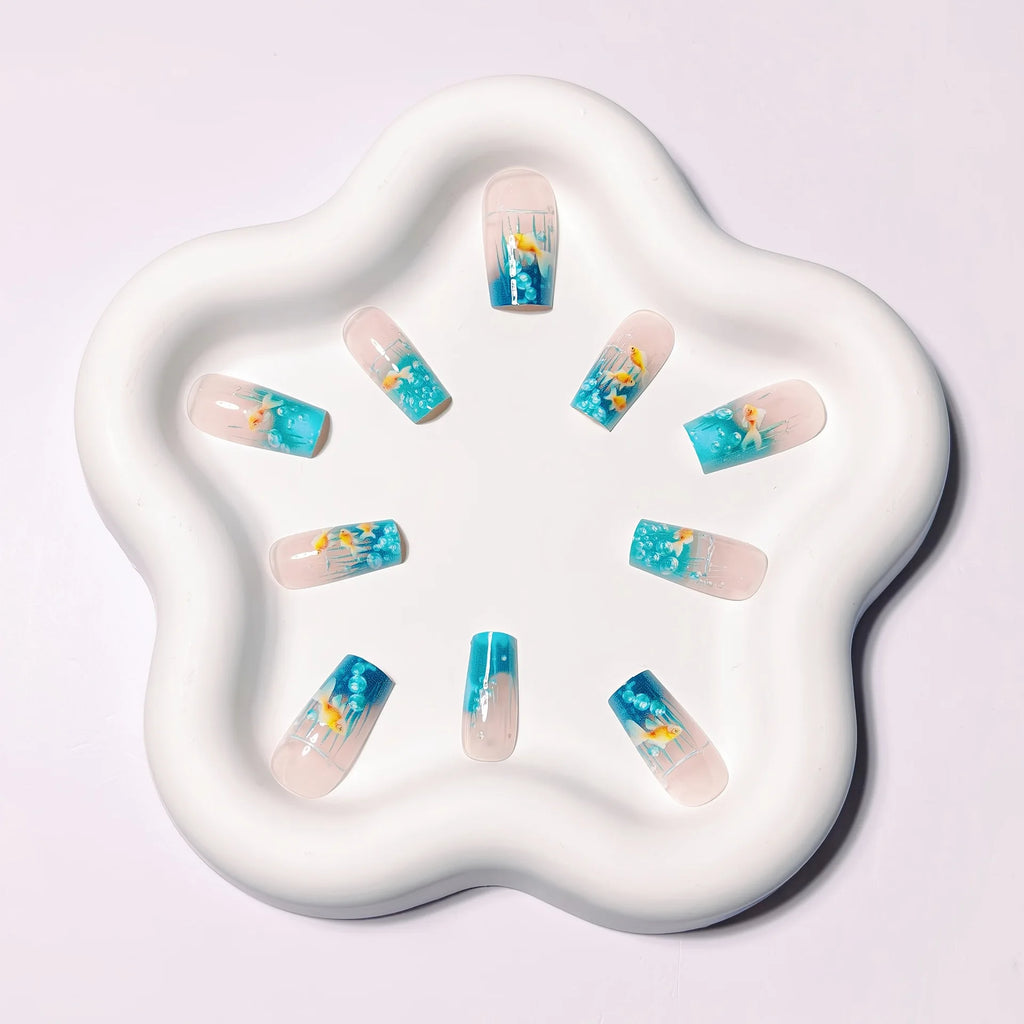 Medium long Square fake nails for women Summer blue water fish in yellow red colors full cover press on acrylic false nail art