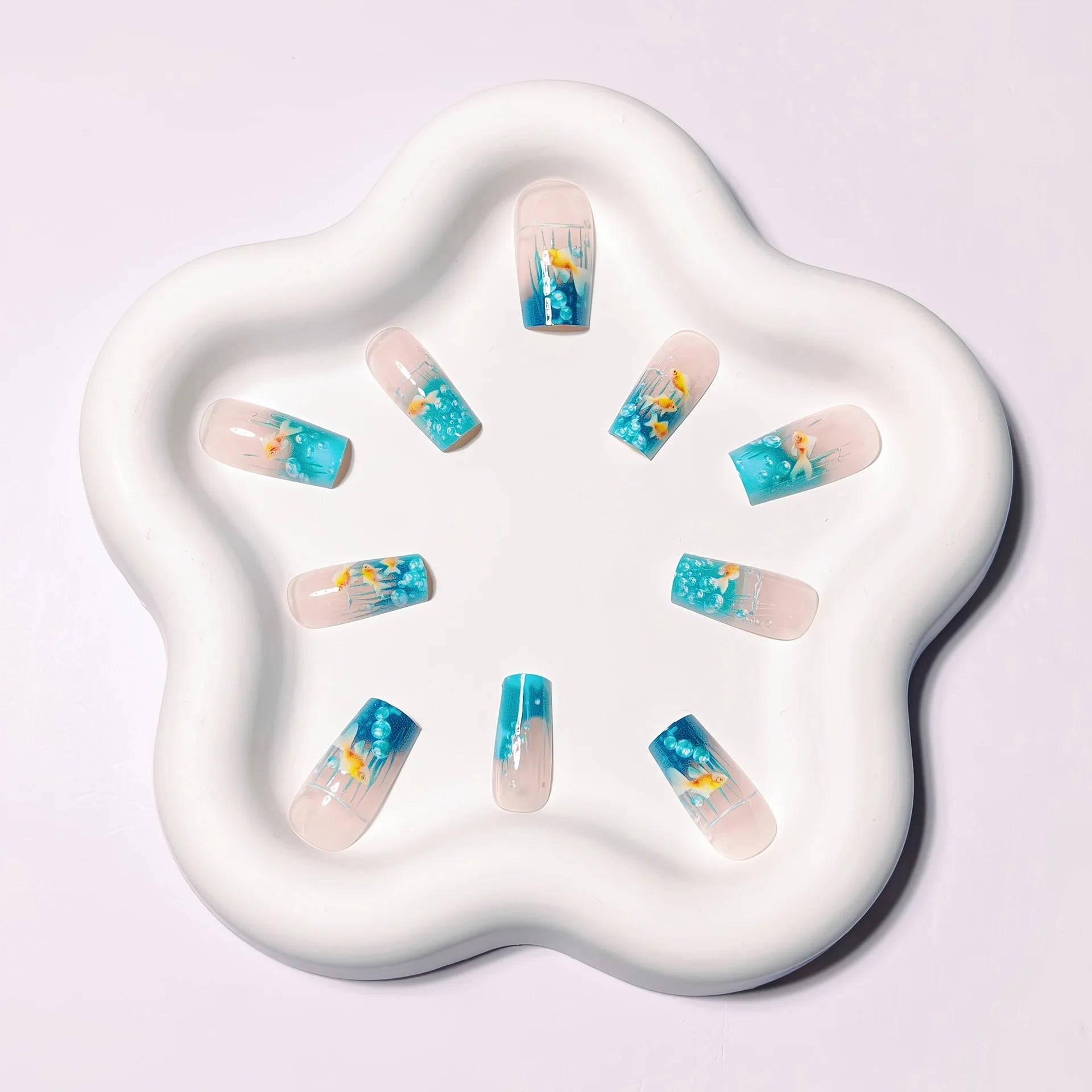 Medium long Square fake nails for women Summer blue water fish in yellow red colors full cover press on acrylic false nail art