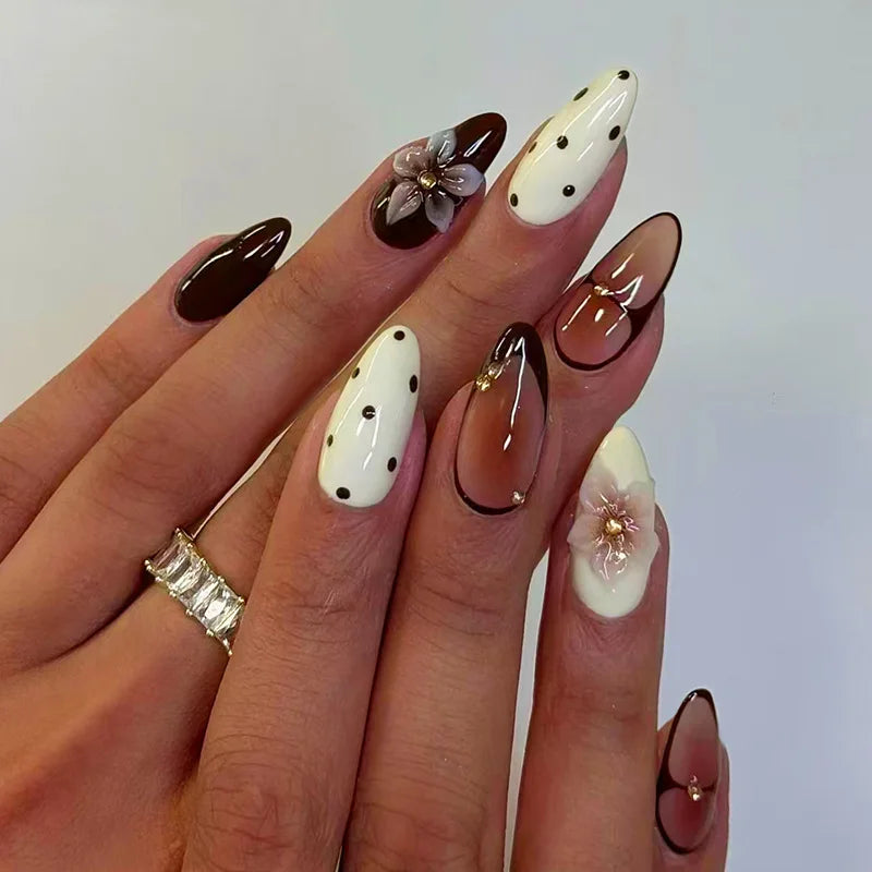 24pcs Finished Almond Press on Nails Art Reusable Sweet Flower Pink Long False Nail Sets with Shell Pearl Design Fake Nails Tips