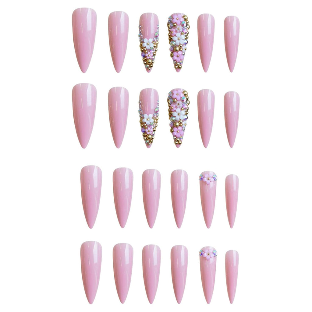 Long Press on Nails Stiletto Pink Fake Nails Rhinestone & Flower Designs Glossy Glue on Acrylic Nails Full Cover Luxury Bling Handmade Stick on False Nails for Women 24Pcs