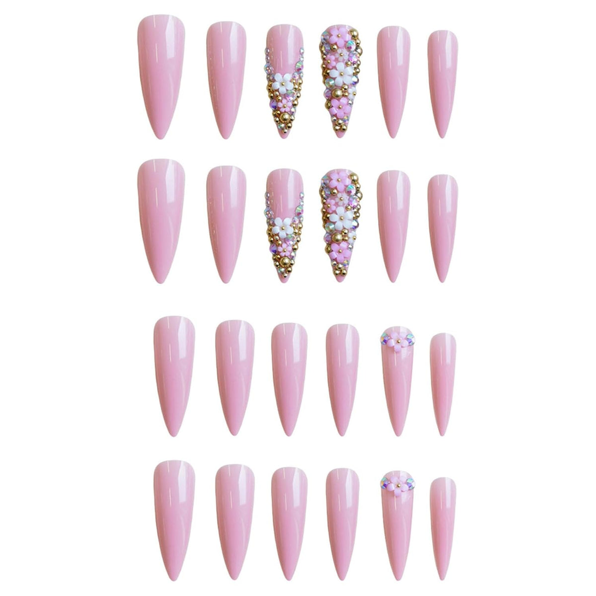 Long Press on Nails Stiletto Pink Fake Nails Rhinestone & Flower Designs Glossy Glue on Acrylic Nails Full Cover Luxury Bling Handmade Stick on False Nails for Women 24Pcs