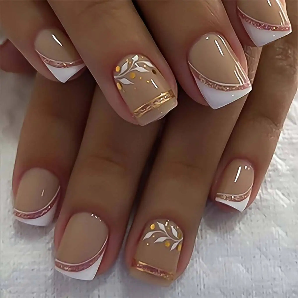 Short Square fake nails golden white flowers with strips frame for Spring Summer french style full cover press on acrylic nail