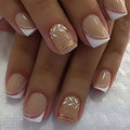 Short Square fake nails golden white flowers with strips frame for Spring Summer french style full cover press on acrylic nail