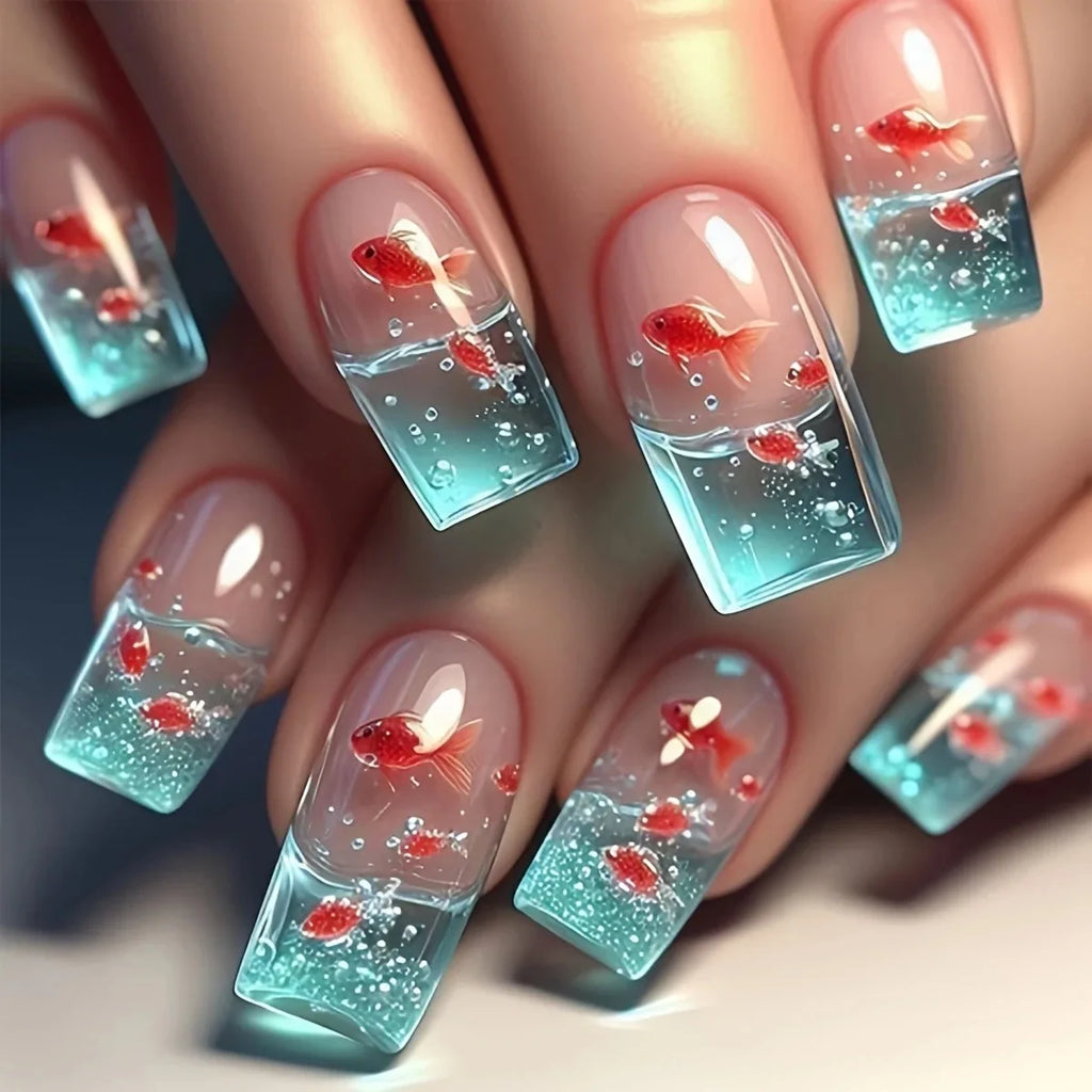 Medium long Square fake nails for women Summer blue water fish in yellow red colors full cover press on acrylic false nail art