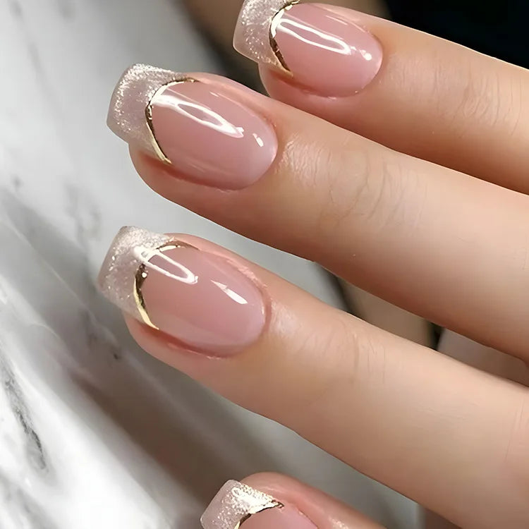 24Pcs Simple Ballet Glitter Detachable Nails with Pink Gradient French Square Press on Fake Nails Short Full Cover Nail Tips Art
