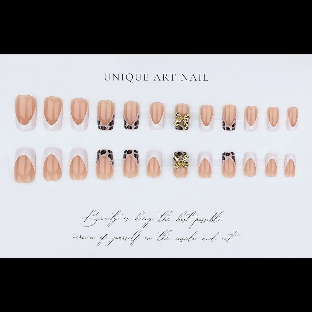 Short square fake nails for women girl fashion brown leopard print with 3D embossed flower bow frame press on acrylic false nail
