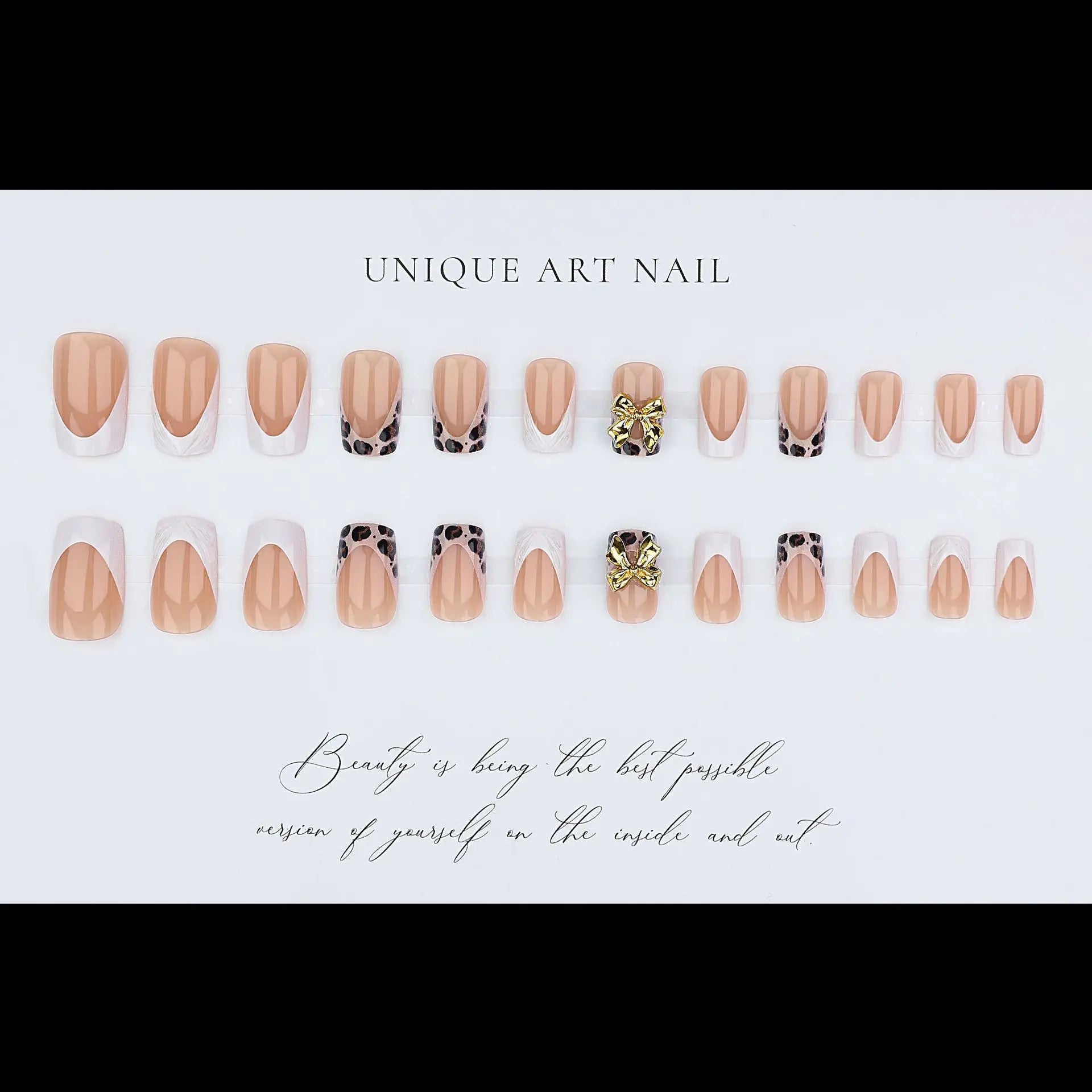 Short square fake nails for women girl fashion brown leopard print with 3D embossed flower bow frame press on acrylic false nail