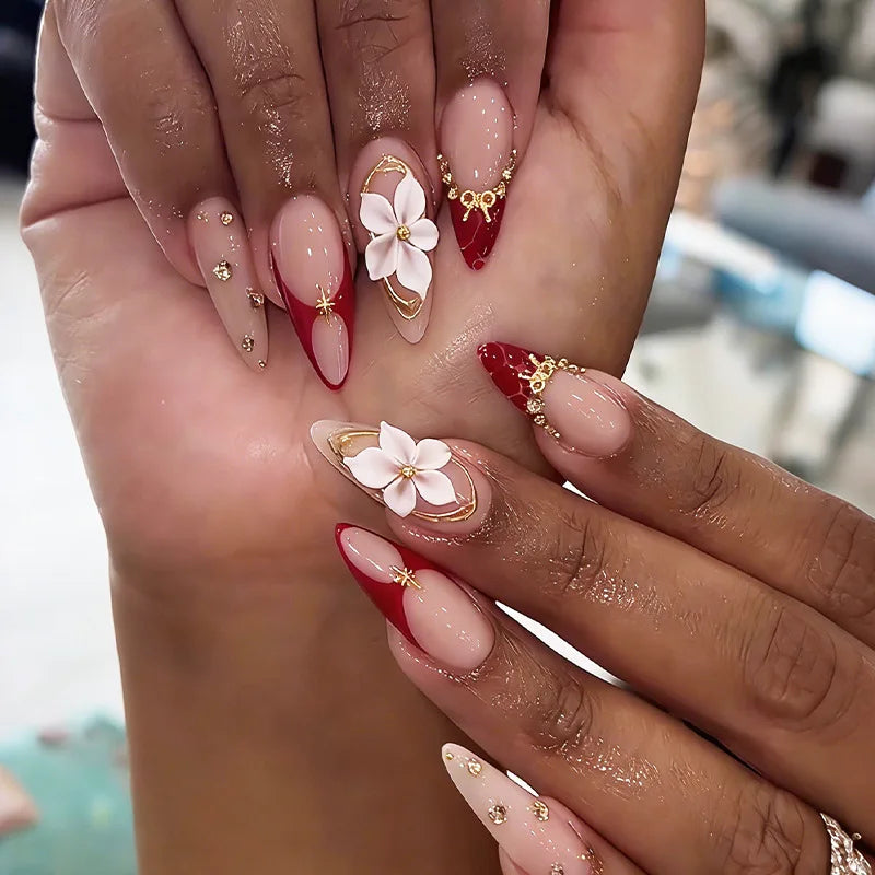 24pcs Finished Almond Press on Nails Art Reusable Sweet Flower Pink Long False Nail Sets with Shell Pearl Design Fake Nails Tips