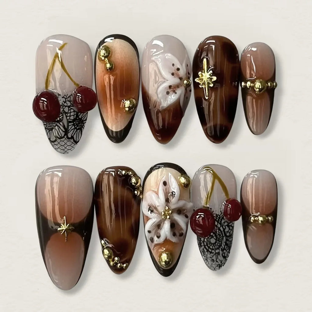 24pcs Finished Almond Press on Nails Art Reusable Sweet Flower Pink Long False Nail Sets with Shell Pearl Design Fake Nails Tips