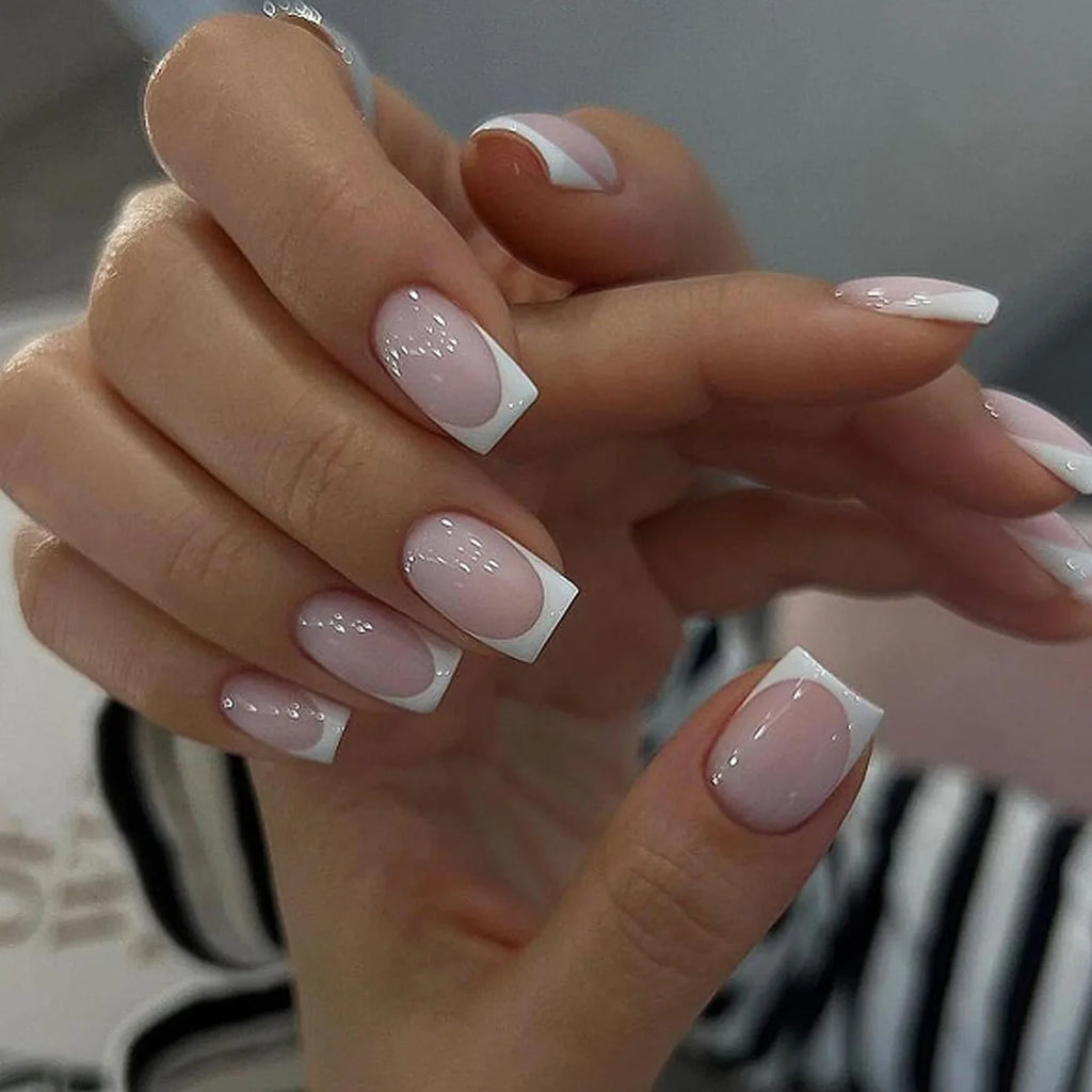24Pcs Simple Ballet Glitter Detachable Nails with Pink Gradient French Square Press on Fake Nails Short Full Cover Nail Tips Art