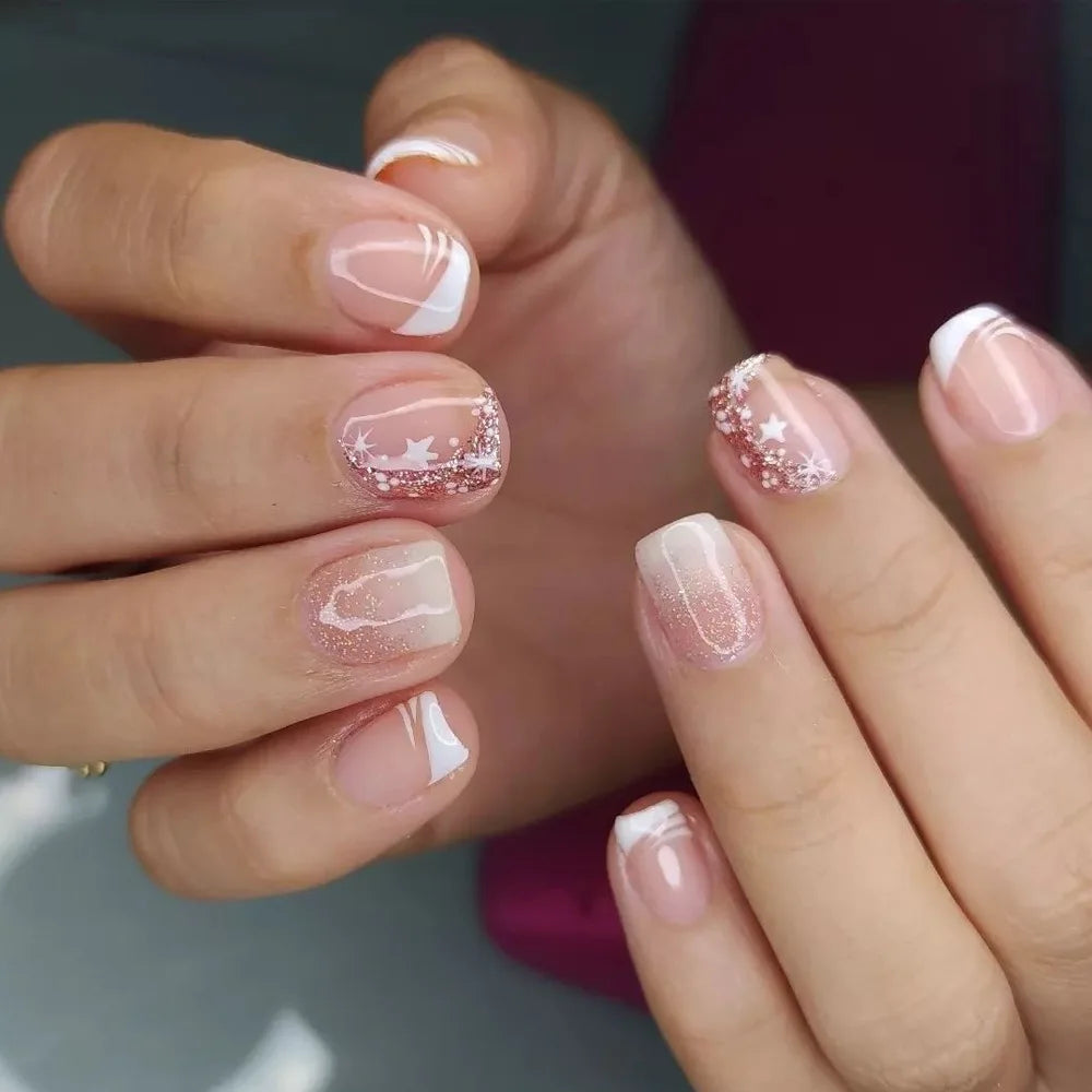 24Pcs Simple Ballet Glitter Detachable Nails with Pink Gradient French Square Press on Fake Nails Short Full Cover Nail Tips Art