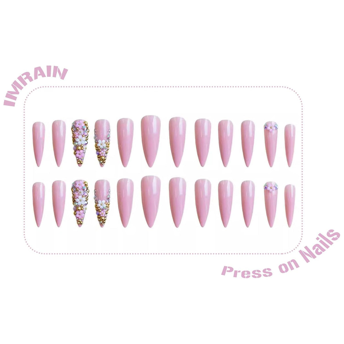 Long Press on Nails Stiletto Pink Fake Nails Rhinestone & Flower Designs Glossy Glue on Acrylic Nails Full Cover Luxury Bling Handmade Stick on False Nails for Women 24Pcs