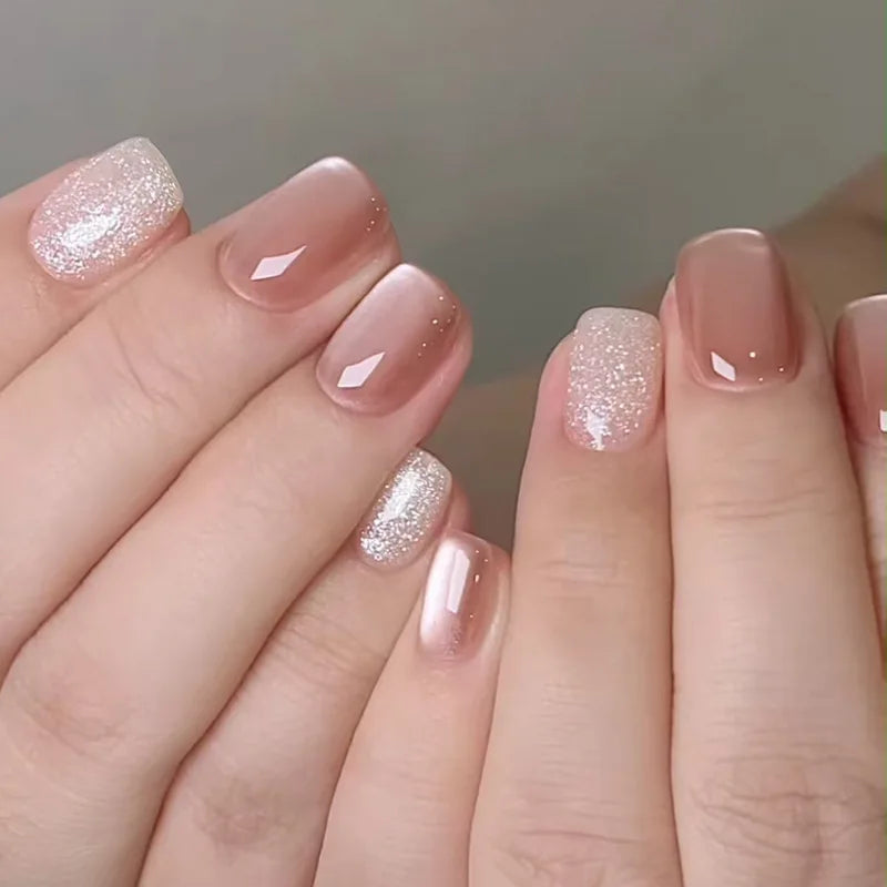 24Pcs Simple Ballet Glitter Detachable Nails with Pink Gradient French Square Press on Fake Nails Short Full Cover Nail Tips Art