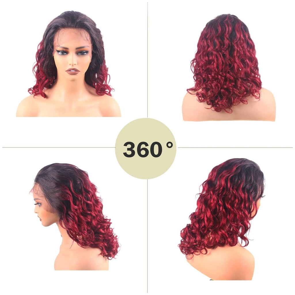 18 Inch Ombre Body Wave Human Hair Lace Front Wig - 13X4 HD Transparent 360° Full Lace, Glueless Pre Plucked Burgundy Balayage on Black (TT1B/BUG) Daily Wig for Women