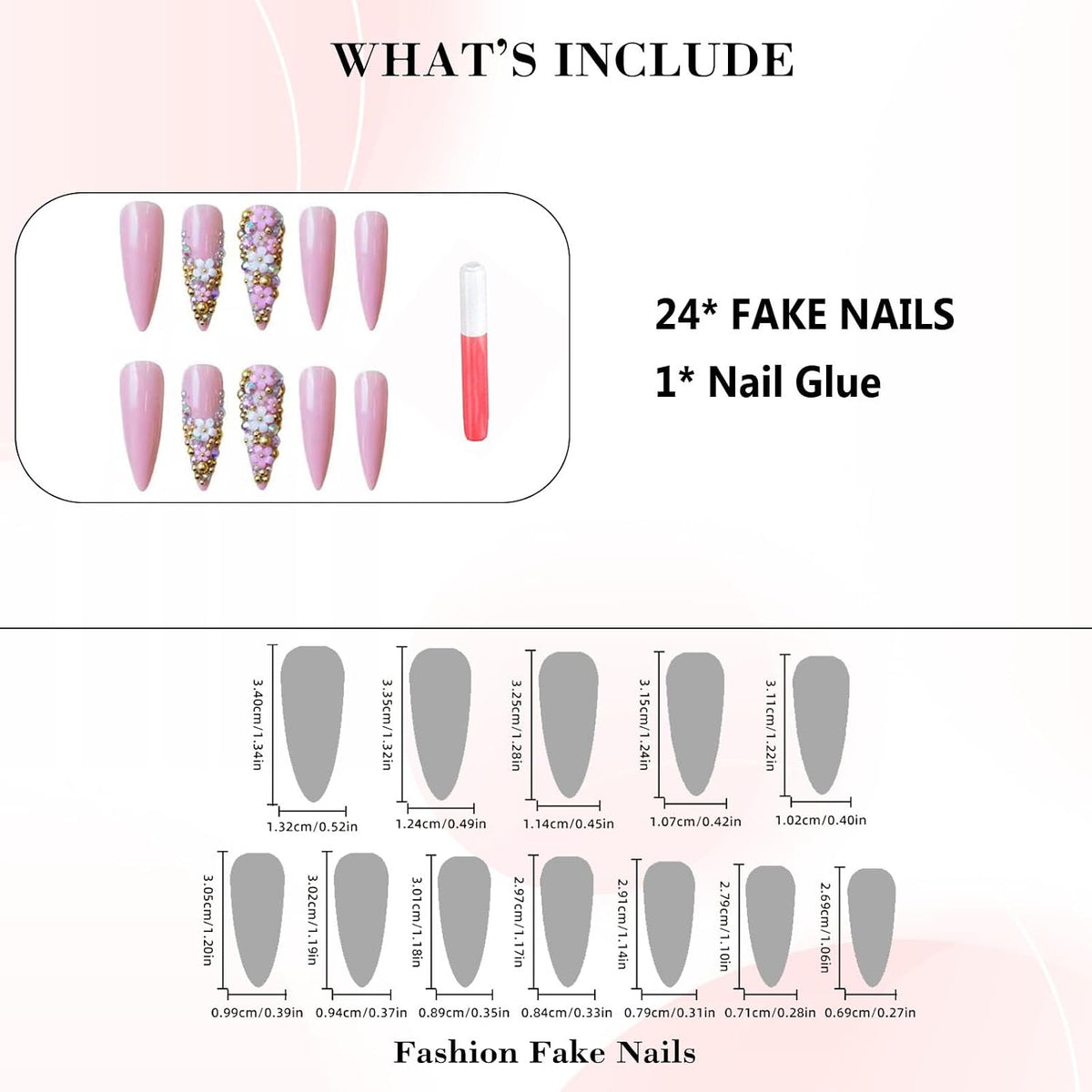 Long Press on Nails Stiletto Pink Fake Nails Rhinestone & Flower Designs Glossy Glue on Acrylic Nails Full Cover Luxury Bling Handmade Stick on False Nails for Women 24Pcs
