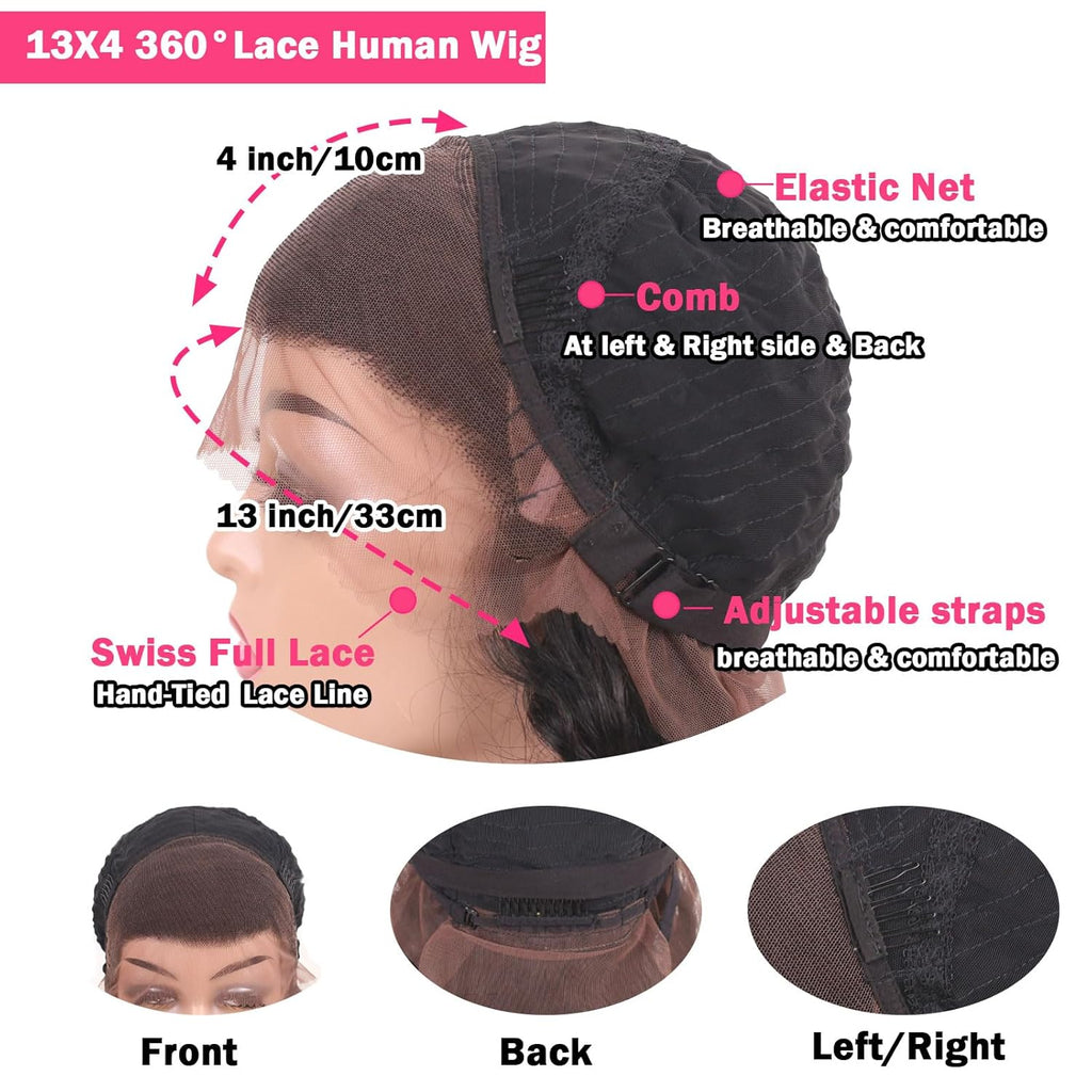 18 Inch Ombre Body Wave Human Hair Lace Front Wig - 13X4 HD Transparent 360° Full Lace, Glueless Pre Plucked Burgundy Balayage on Black (TT1B/BUG) Daily Wig for Women