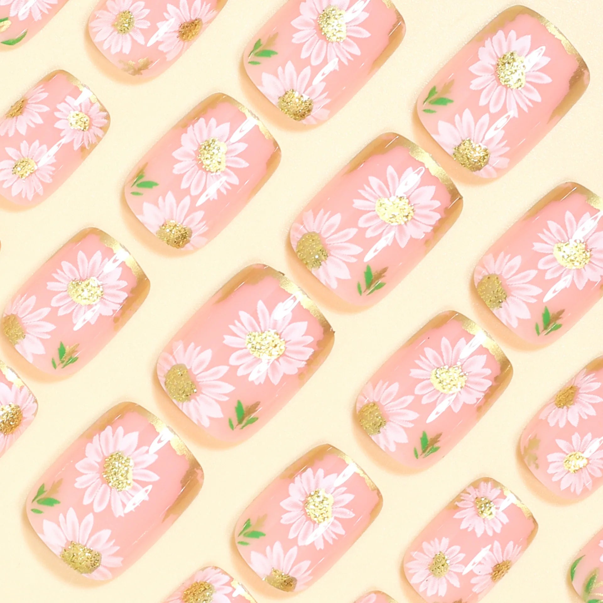 Short Square fake nails golden white flowers with strips frame for Spring Summer french style full cover press on acrylic nail