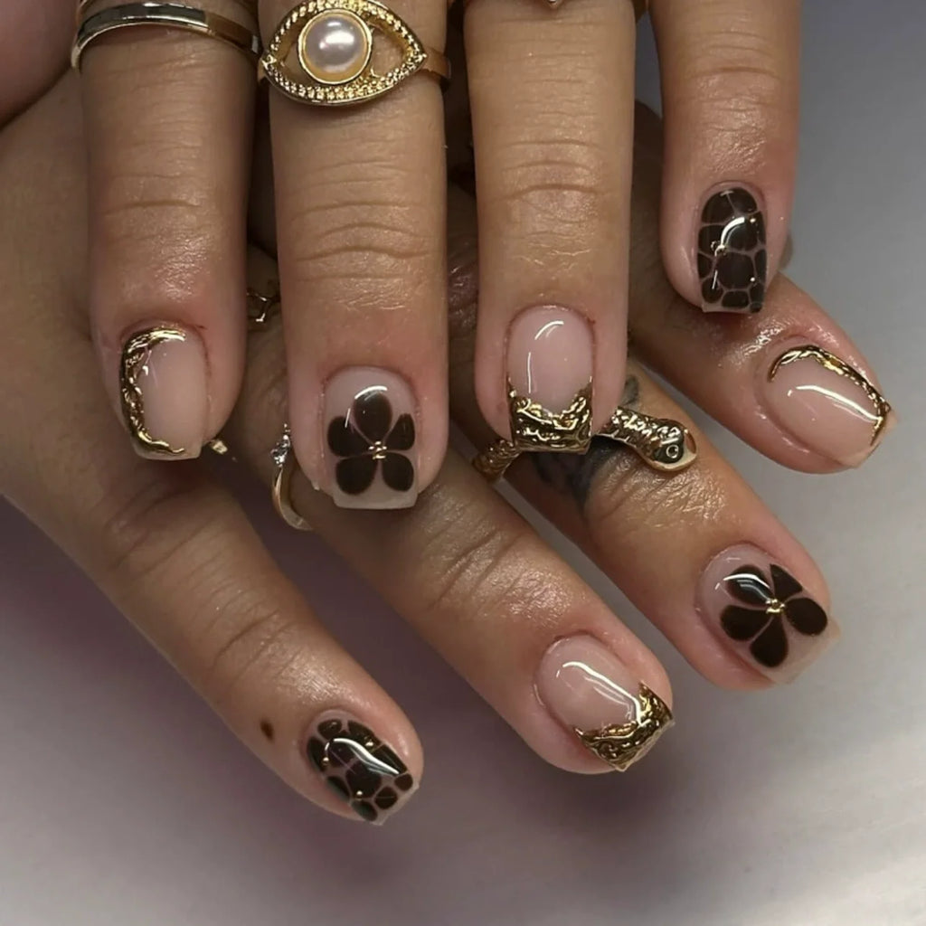 24Pcs Sweet Medium Square False Nails with Glue Blush Pink Flowers Fake Nails Full Cover French Acrylic Press on Nails for Girls