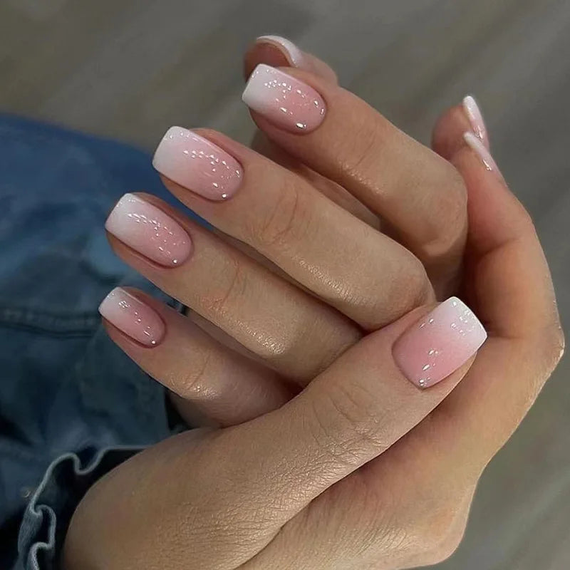 24Pcs Simple Ballet Glitter Detachable Nails with Pink Gradient French Square Press on Fake Nails Short Full Cover Nail Tips Art