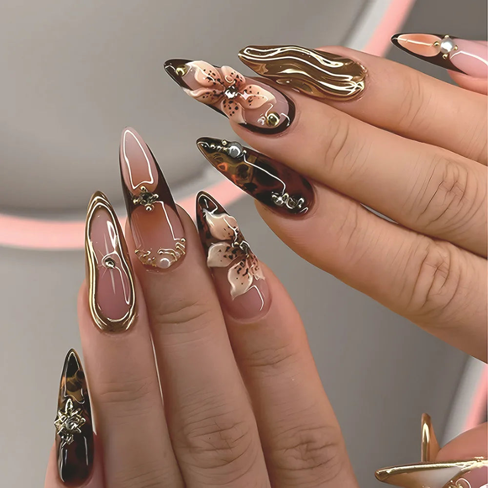 24pcs Finished Almond Press on Nails Art Reusable Sweet Flower Pink Long False Nail Sets with Shell Pearl Design Fake Nails Tips