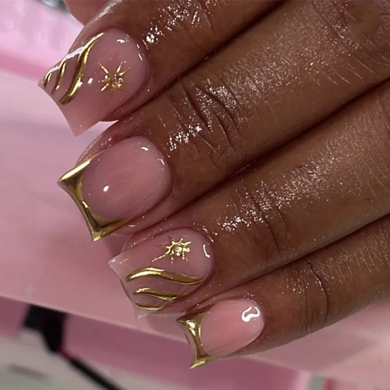 24Pcs Sweet Medium Square False Nails with Glue Blush Pink Flowers Fake Nails Full Cover French Acrylic Press on Nails for Girls