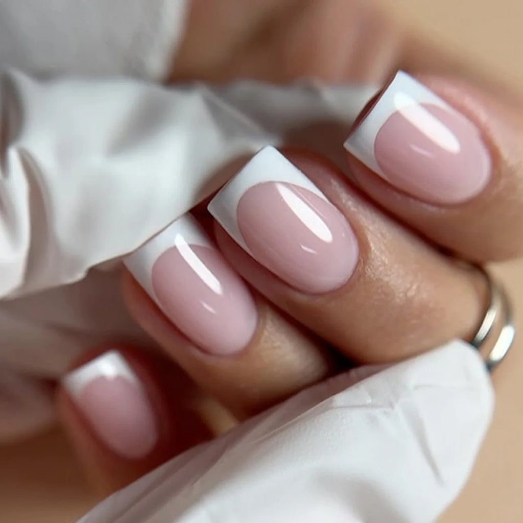 24Pcs Simple Ballet Glitter Detachable Nails with Pink Gradient French Square Press on Fake Nails Short Full Cover Nail Tips Art