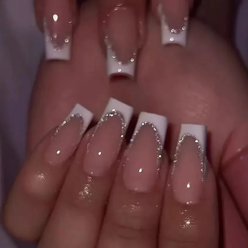 White French Tip Press on Nails Coffin False Nails French Glitter Wearable Fake Nails Acrylic Full Cover Press on Nails Tips