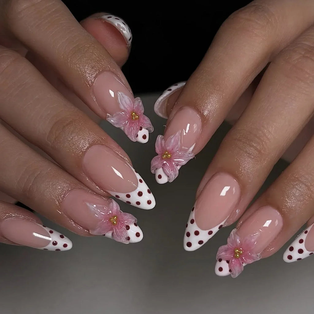 24pcs/set 3D fake nails for women girls Medium almond tips leopard polka dot 3D embossed flowers design press on false nail art