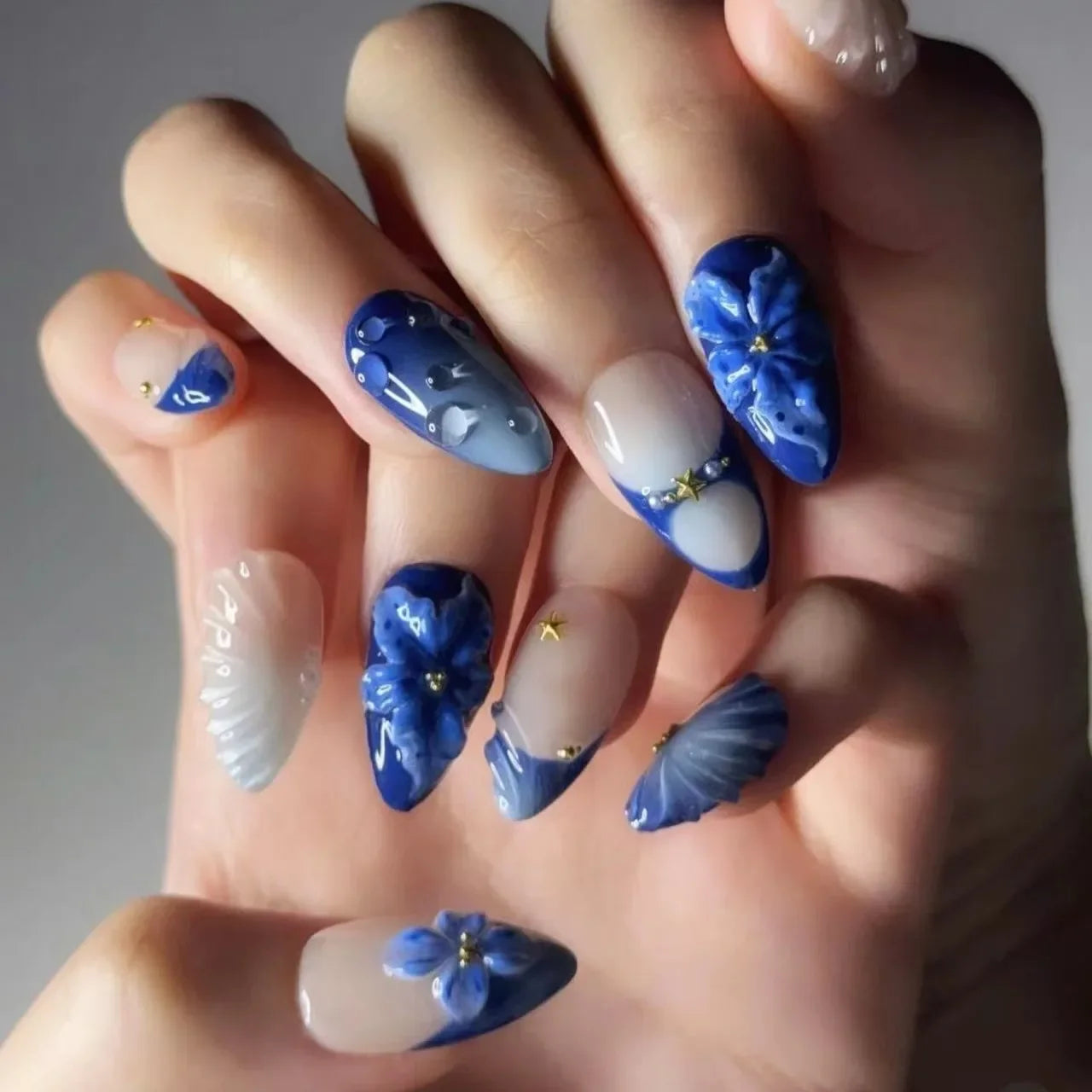 24pcs/set 3D fake nails for women girls Medium almond tips leopard polka dot 3D embossed flowers design press on false nail art