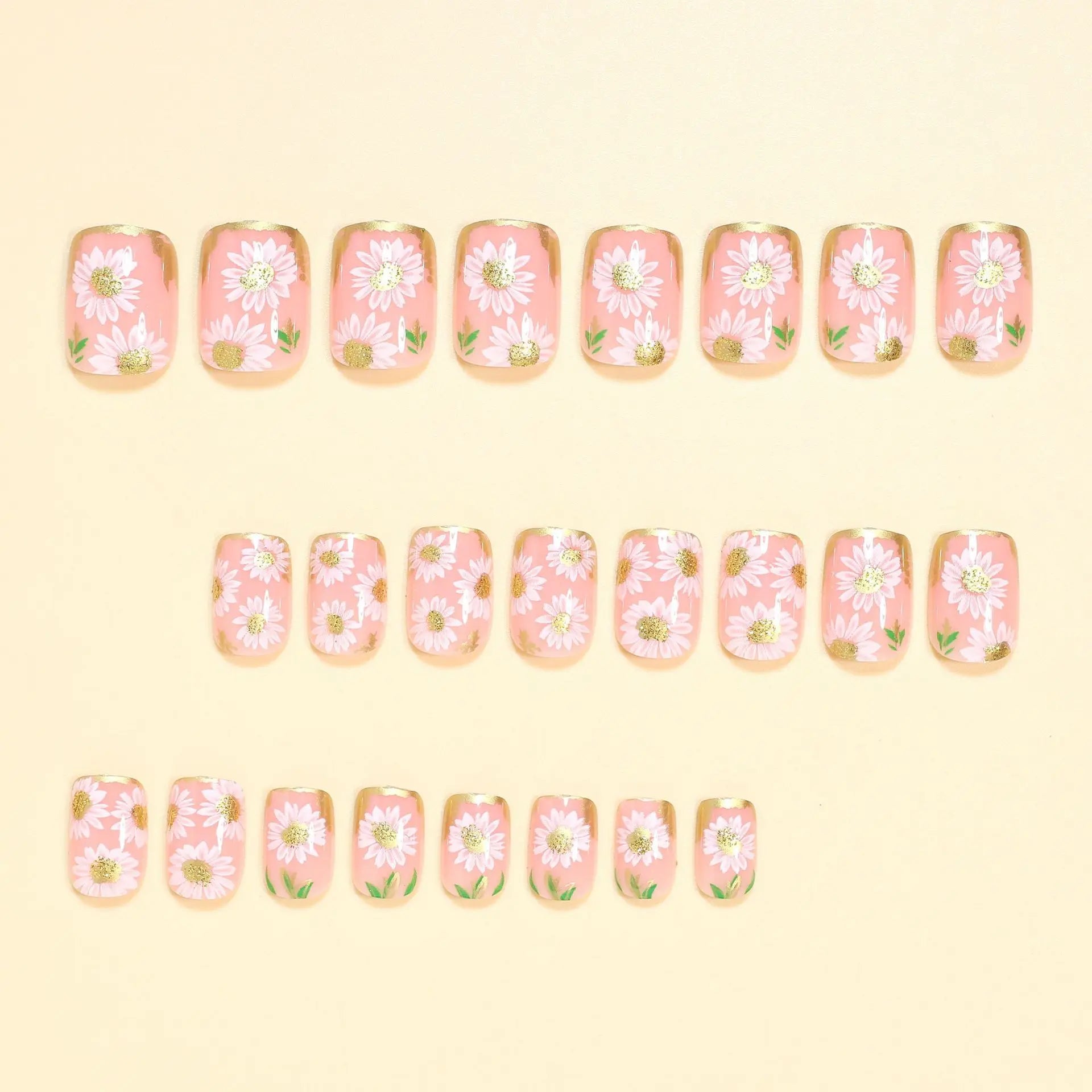Short Square fake nails golden white flowers with strips frame for Spring Summer french style full cover press on acrylic nail