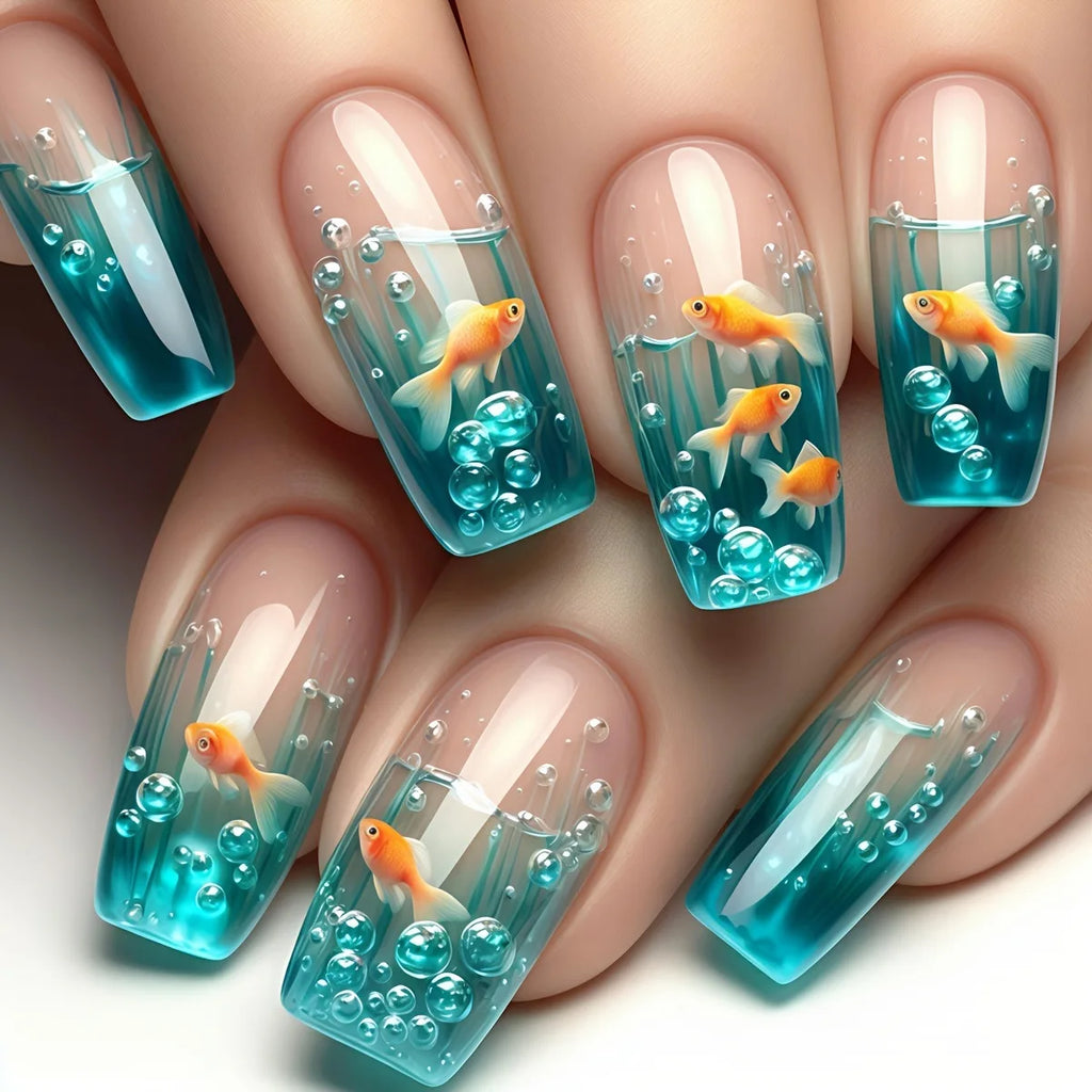 Medium long Square fake nails for women Summer blue water fish in yellow red colors full cover press on acrylic false nail art
