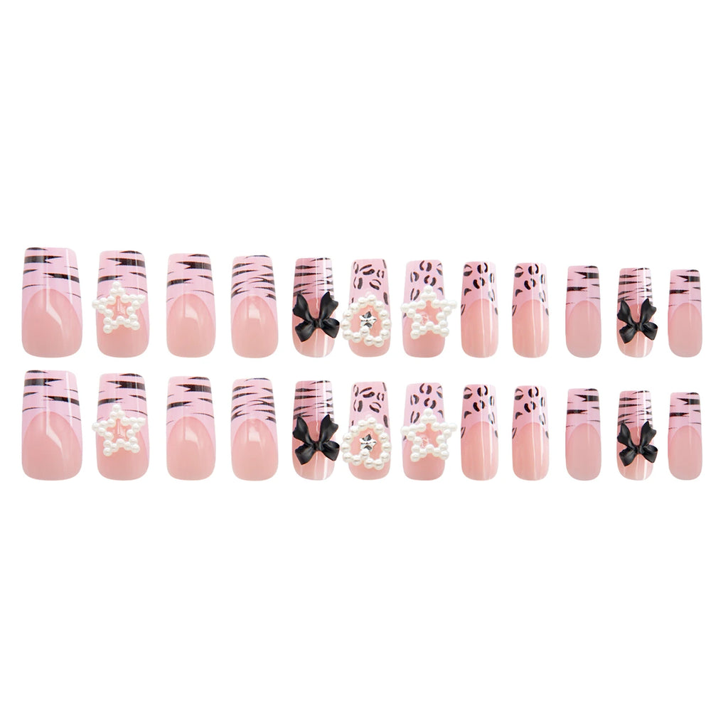 24Pcs Y2K Style Leopard Print Design Fake Nails with Black Bow, Heart, Star, and Rhinestone Designs, Suitable for Women for Dating, Daily Wear, Mother's Day Gift, Removable Press-On Nail Set with Jelly Glue and File