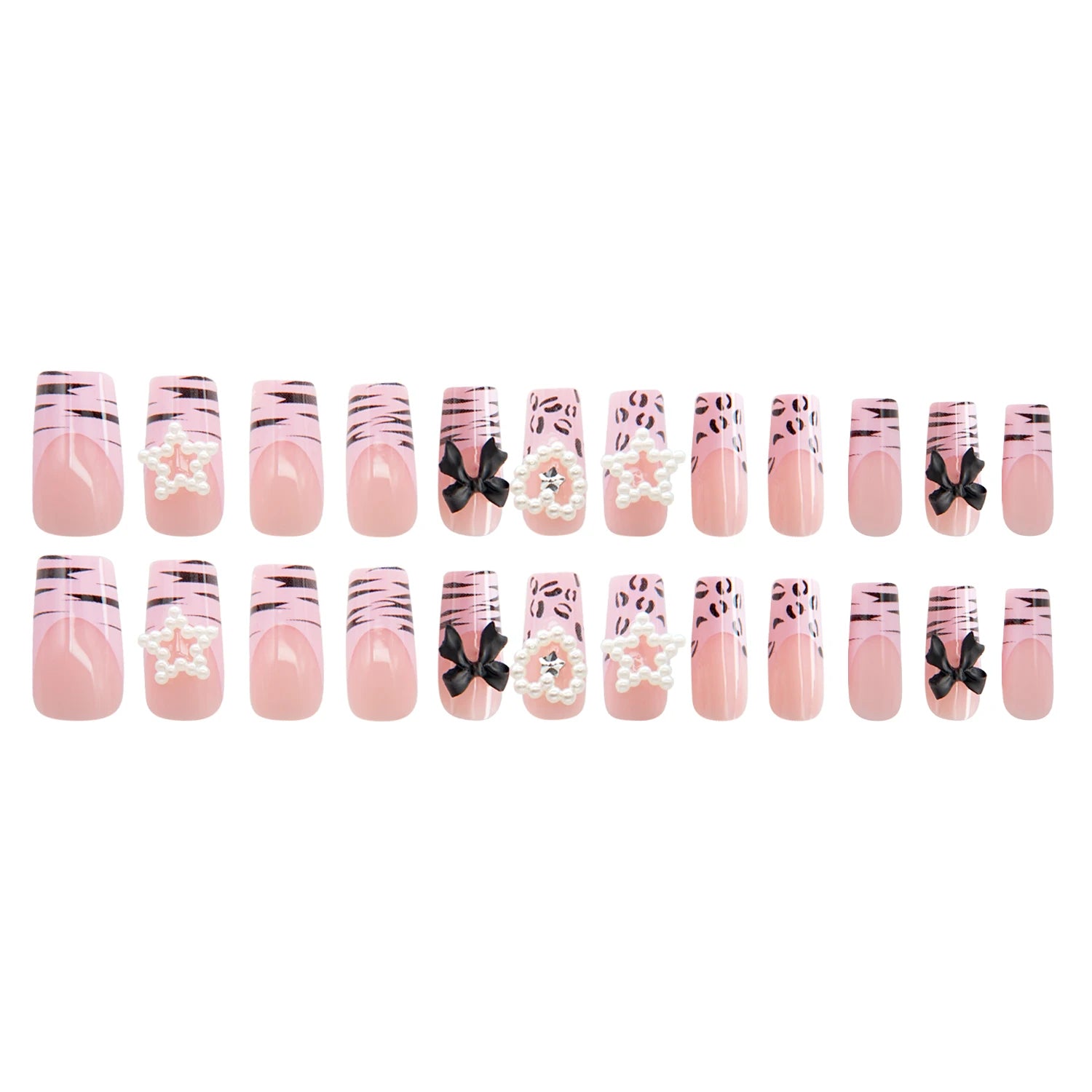 24Pcs Y2K Style Leopard Print Design Fake Nails with Black Bow, Heart, Star, and Rhinestone Designs, Suitable for Women for Dating, Daily Wear, Mother's Day Gift, Removable Press-On Nail Set with Jelly Glue and File