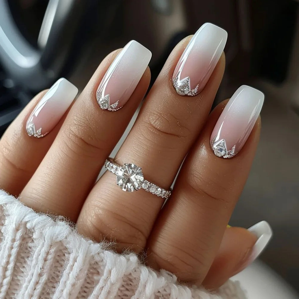 24Pcs Simple Ballet Glitter Detachable Nails with Pink Gradient French Square Press on Fake Nails Short Full Cover Nail Tips Art