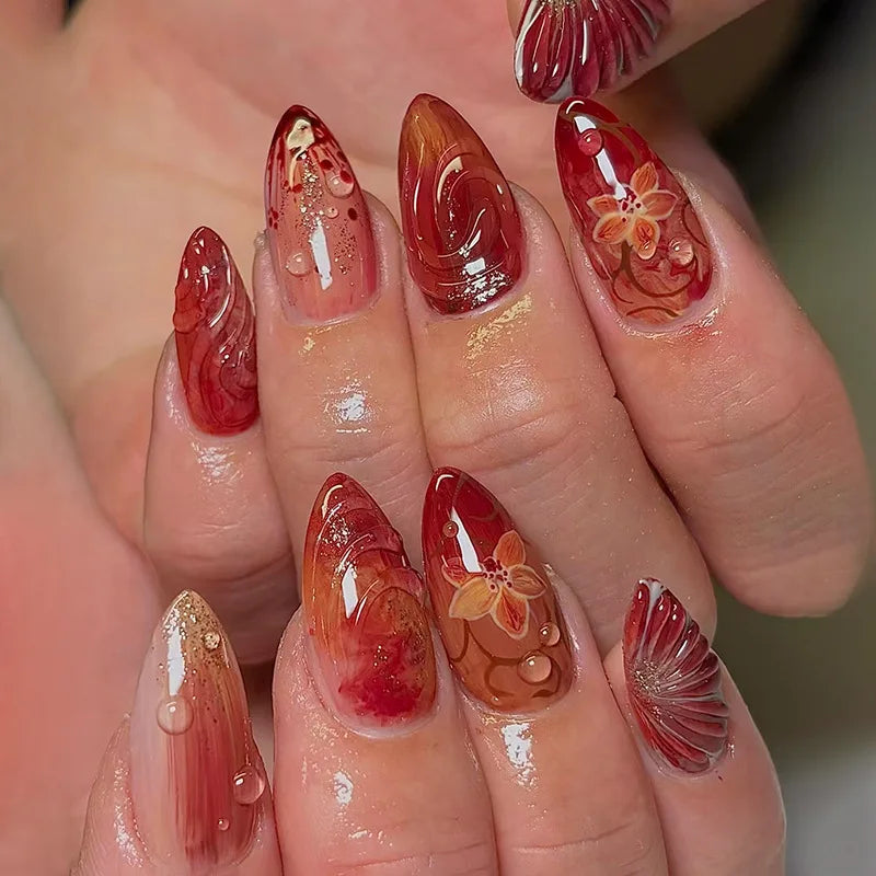 24pcs Finished Almond Press on Nails Art Reusable Sweet Flower Pink Long False Nail Sets with Shell Pearl Design Fake Nails Tips