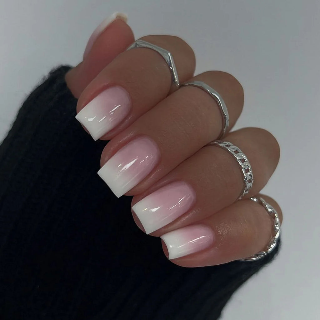 24Pcs Simple Ballet Glitter Detachable Nails with Pink Gradient French Square Press on Fake Nails Short Full Cover Nail Tips Art
