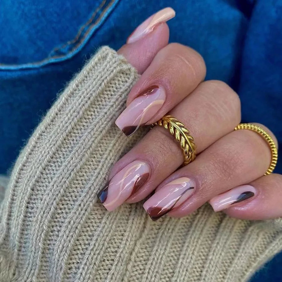 Short Medium fake nails for women girls Y2K gradient blue purple brown geometric strips full cover press on false nail art set