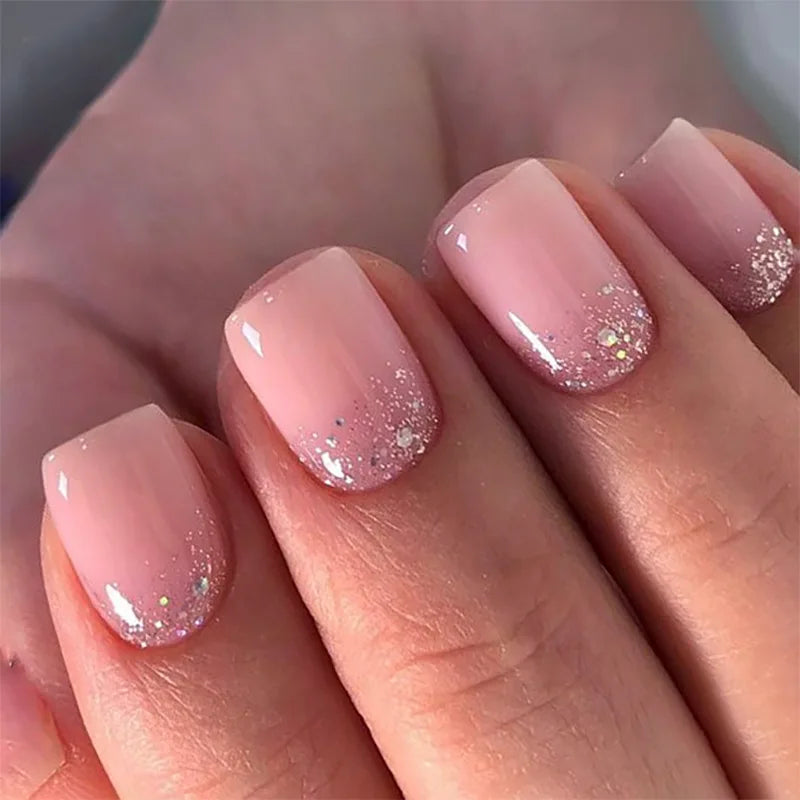 24Pcs Simple Ballet Glitter Detachable Nails with Pink Gradient French Square Press on Fake Nails Short Full Cover Nail Tips Art