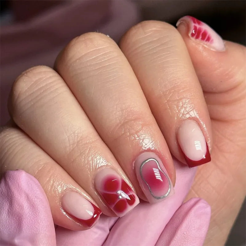 24Pcs Sweet Medium Square False Nails with Glue Blush Pink Flowers Fake Nails Full Cover French Acrylic Press on Nails for Girls