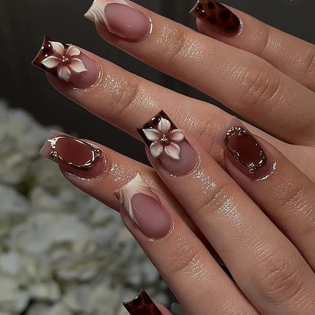 Short square fake nails for women girl fashion brown leopard print with 3D embossed flower bow frame press on acrylic false nail